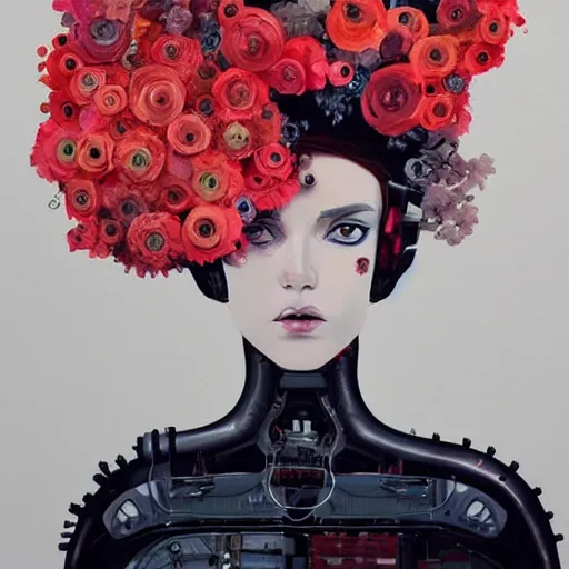 Prompt: surreal gouache paintingby conrad roset, female mechanical android head with flowers growing out, portrait, cgsociety, artstation, rococo mechanical costume and grand headpiece,