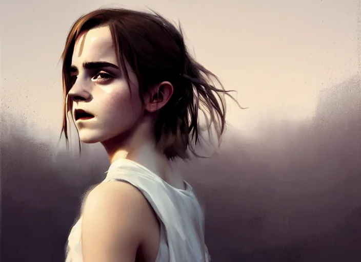 Image similar to emma watson white dress girl chasing from grim reaper, messy hair, messy lines, scared face, dramatic situation, specular reflection, occlusion shadow, intricate, bokeh, by ilya kuvshinov and jeremy lipking and quentin mabille