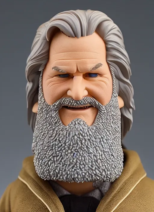 Image similar to jeff bridges, a nendoroid of jeff bridges figurine, bathrobe, the big lebowski, realistic face, detailed product photo