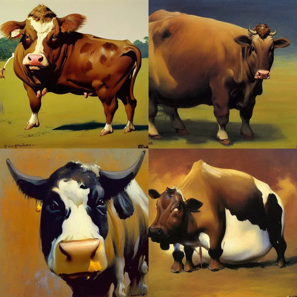 Prompt: a fat cow, painting by frank frazetta