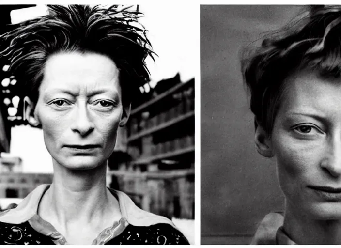 Image similar to professional fine detailed photo portrait of young tilda swinton from makhachkala, dagestan. kid tilda swinton in the postsoviet suburbia, iphone photo, instagram, black and white - - cfg _ scale 7