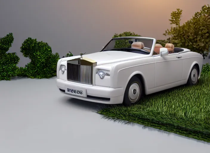 Image similar to a small miniature of a Rolls Royce Corniche Cabrio on a white table near a vase with a plant, 3d render, octane render, unreal engine 5, path tracing, serene landscape, calm, relaxing, beautiful landscape, highly detailed, high quality, 4k, symmetrical, low contrast