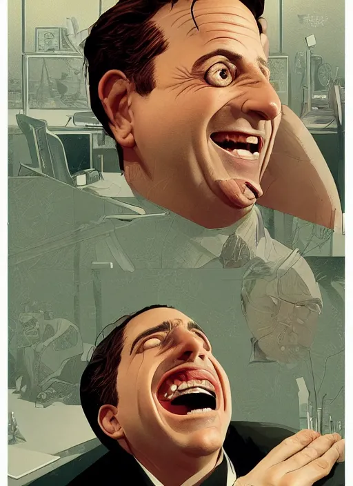 Image similar to poster artwork by Michael Whelan and Tomer Hanuka, Karol Bak of Michael Scott laughing, from scene from The Office, clean, simple illustration, nostalgic, domestic, full of details