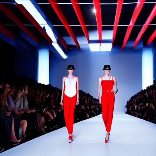 Image similar to fashion by Hugo Boss incorporating red white and blue, brutalist fashion show, studio lighting