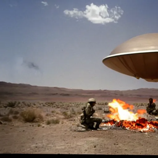 Image similar to army troops surround shiny metallic ufo flying saucer with transparent dome crashed in the desert, smoking and burning in flames by Ray Harryhausen and Glen Orbik, color Ektachrome photo