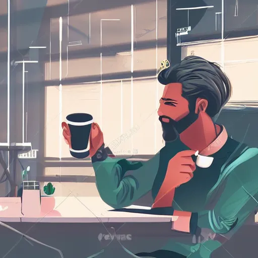 Image similar to handsome startup CEO having a cup of coffee. sci-fi cyberpunk concept art