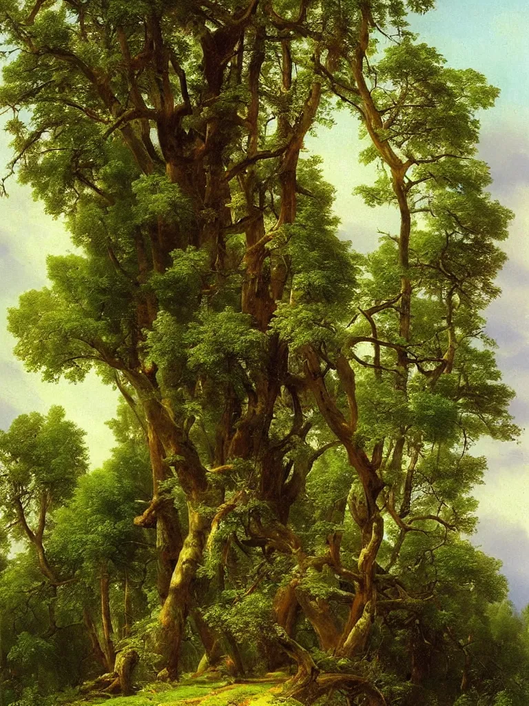 Image similar to Beautiful treehouse in a ((lush green forest)) by ivan shishkin and aivazovsky, oil on canvas, highly detailed, masterpiece