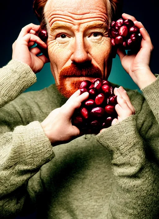 Image similar to bryan cranston eating cranberries, cranberry helmet, hamster cheeks, studio light, bloom, detailed face, magazine, press, photo, steve mccurry, david lazar, canon, nikon, focus