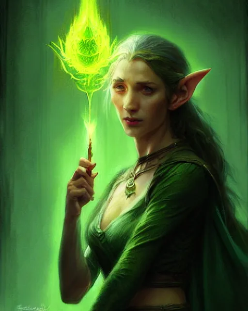 Image similar to a female elvish sorceress casting a green fireball | | pencil sketch, realistic shaded, fine details, realistic shaded lighting poster by greg rutkowski, magali villeneuve, artgerm, jeremy lipkin and michael garmash and rob rey