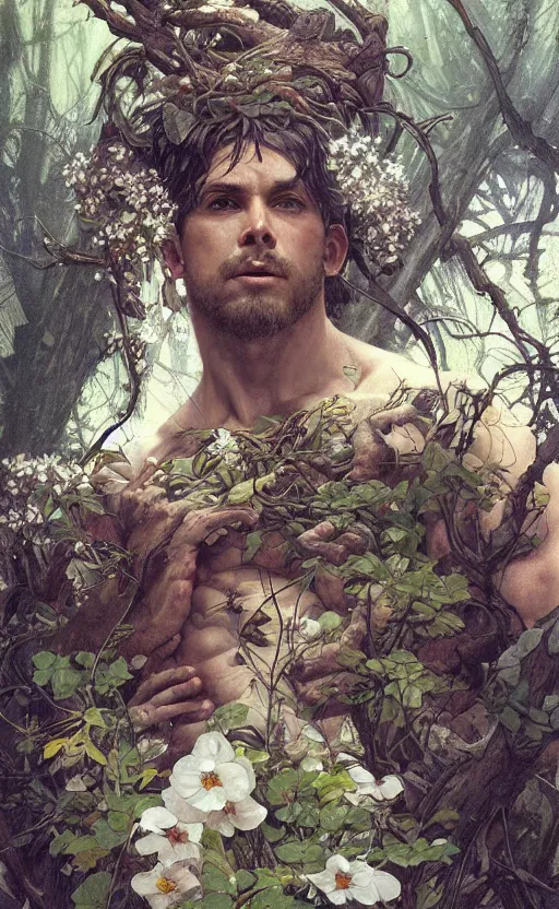 Image similar to god of the forest, 3 0 years old, rugged, handsome, male, detailed face, clean lines, atmospheric lighting, amazing, full body, thighs, flowers, muscular, intricate, highly detailed, digital painting, deviantart, concept art, sharp focus, illustration, art by greg rutkowski and alphonse mucha