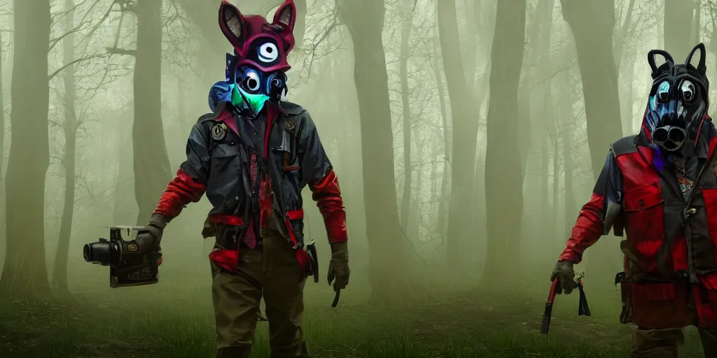 Prompt: a beautifully strange image of a gamekeeper wearing a dieselpunk mechanical fluorescent mystical animal mask and red hoods. walking in the misty swamp. in style of fornite game. award winning. dramatic. trending on artstation. high quality. rendered by beeple, digital art, unreal engine 5, fornite game. octane render