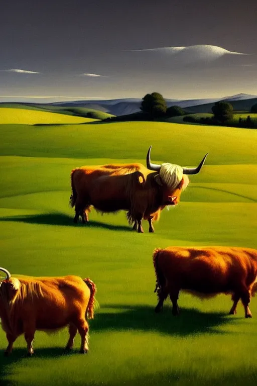 Prompt: peaceful farmland and highland cattle, in the style of edward hopper, solarpunk, atmospheric, clean, intricate and epic composition, gray by caravaggio, insanely quality, highly detailed, masterpiece, white light, artstation, 4 k