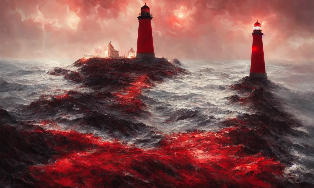 Image similar to a beautiful painting of a lighthouse shining it's light across a violent tumultuous sea of red blood by John Blanche and Greg Rutkowski, trending on Artstation, midjourney