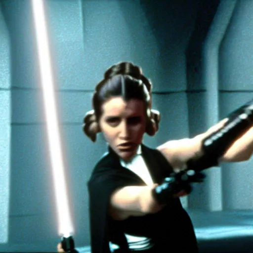 Prompt: film still of princess leia fighting darth vader in a lightsaber battle, star wars, 1 9 7 0, kodak, film, lightsabers, dramatic lighting, epic