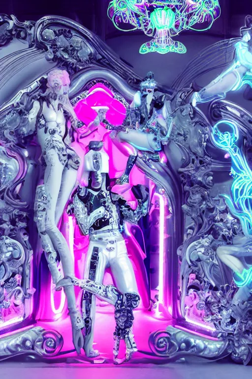 Image similar to full-body rococo and cyberpunk style neon statue of a muscular attractive Joe Jonas macho dotado e rico android sim roupa reclining con las piernas abertas e la piroca dura, glowing white laser eyes, prince crown of pink gears, diamonds, swirling silver-colored silk fabric. futuristic elements. full-length view. space robots. human skulls. intricate artwork by caravaggio. Trending on artstation, octane render, cinematic lighting from the right, hyper realism, octane render, 8k, depth of field, 3D