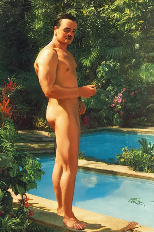 Image similar to Mike Patton wearing a Speedo, Next to a pool, golden hour, in a garden, artstation, by J. C. Leyendecker and Peter Paul Rubens,