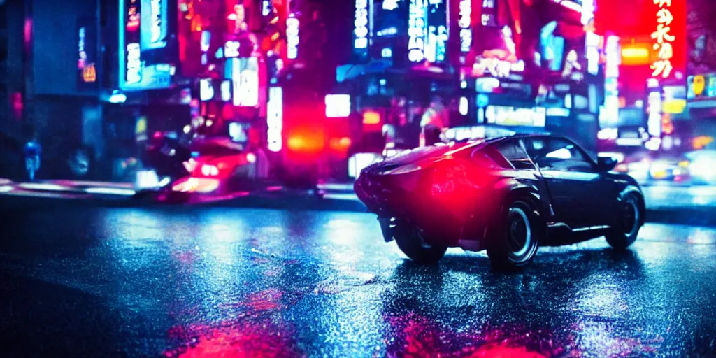 Image similar to a single sport bike, speeding down tokyo highway in the rain, night time, neon lights, thunderstorm, movie still from the film bladerunner