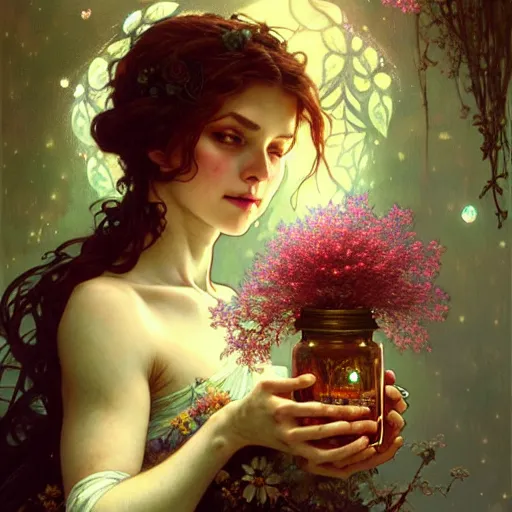 Prompt: A woman holding an enchanted jar full of magic flowers surrounded by fairies, fairy tale, face, fantasy, intricate, elegant, highly detailed, digital painting, artstation, concept art, smooth, sharp focus, illustration, art by Krenz Cushart and Artem Demura and alphonse mucha