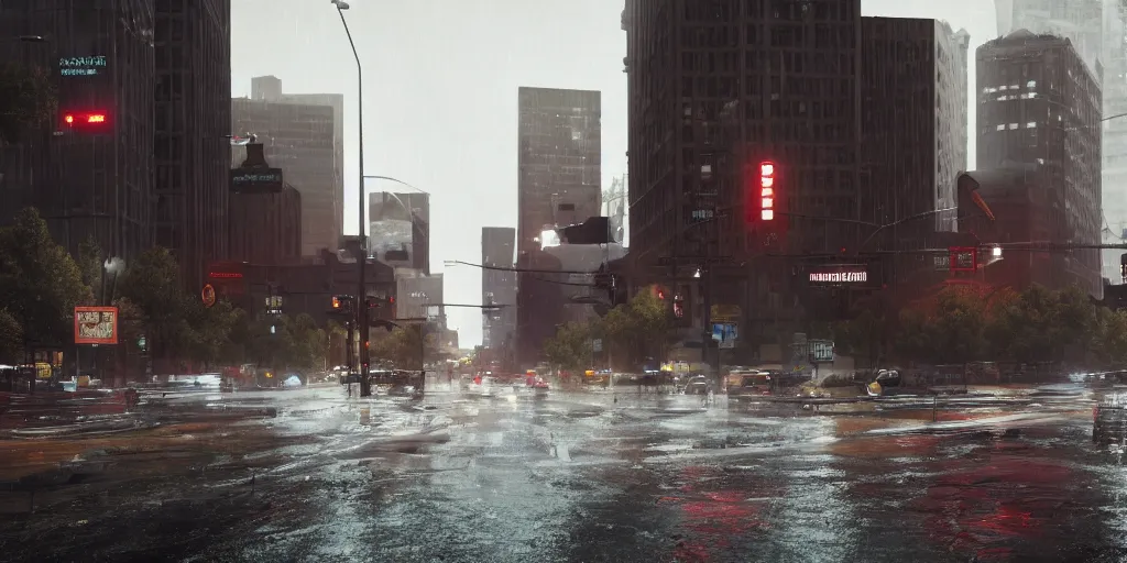Prompt: cisheteronormative imperialist white supremacist capitalist patriarchal downtown denver with heavy rain, cinematic, ultra - realistic, ultra - detailed, octane render, unreal engine 5, depth of field