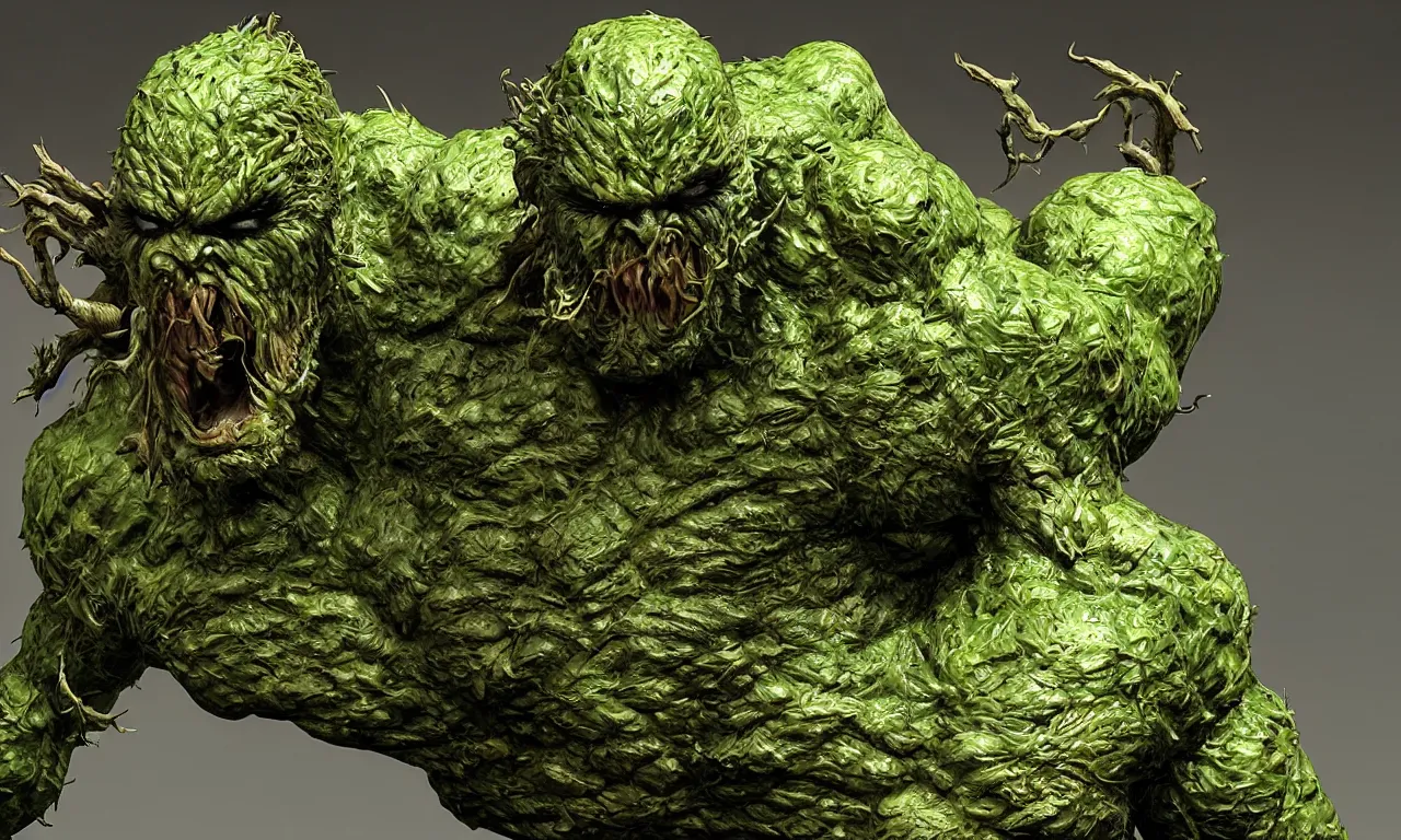 Image similar to swamp thing in a dynamic action pose, forward angle, dramatic night lighting, by kelly jones and kyle hotz, 4 k, 8 mm, octane