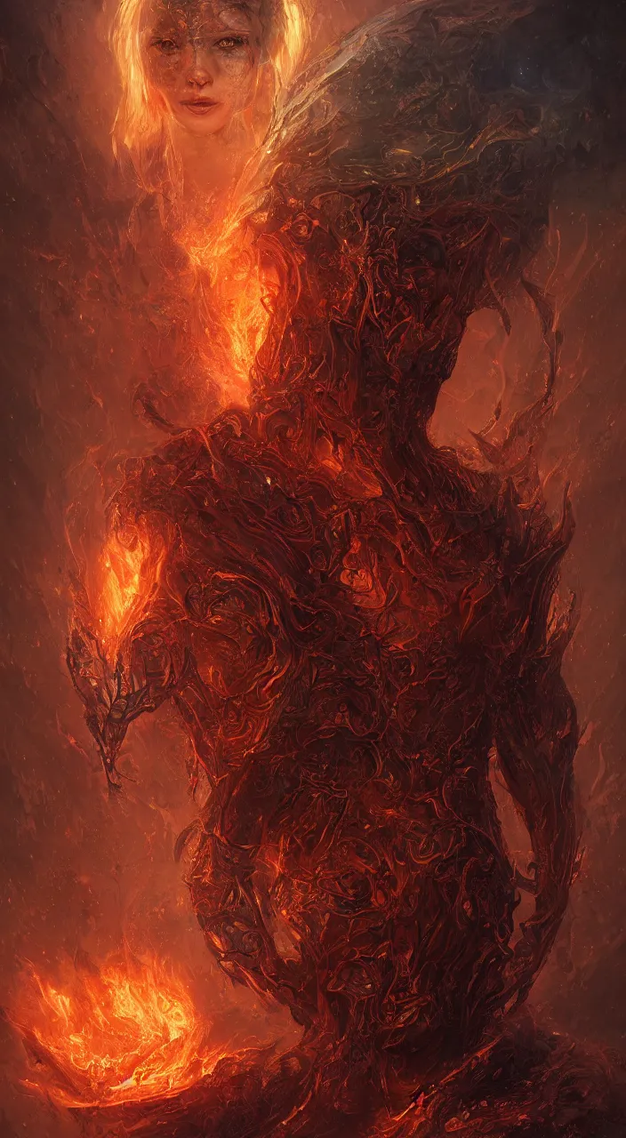 Image similar to full body concept art of human made with fire sparks by Marc Simonetti + beautiful eyes, beautiful face + symmetry face, symmetry body + border and embellishments inspiried by occult insignia, fire in the background, galaxy + highly detailed, intricate complexity, epic composition, magical atmosphere + masterpiece, award winning + trending on artstation