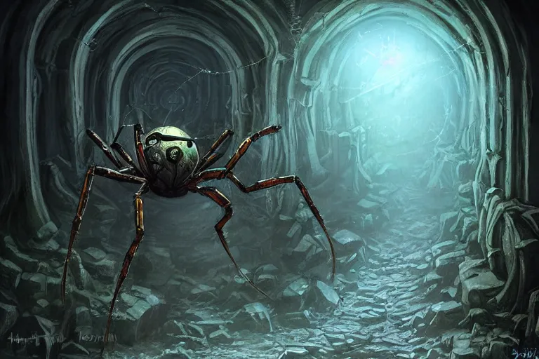 Image similar to a monstrous spider in a dark tunnel, cobwebs, in the style of ralph horsley, dramatic lighting, atmospheric, low angle, wide angle, hyper - realistic, concept art, highly detailed digital painting