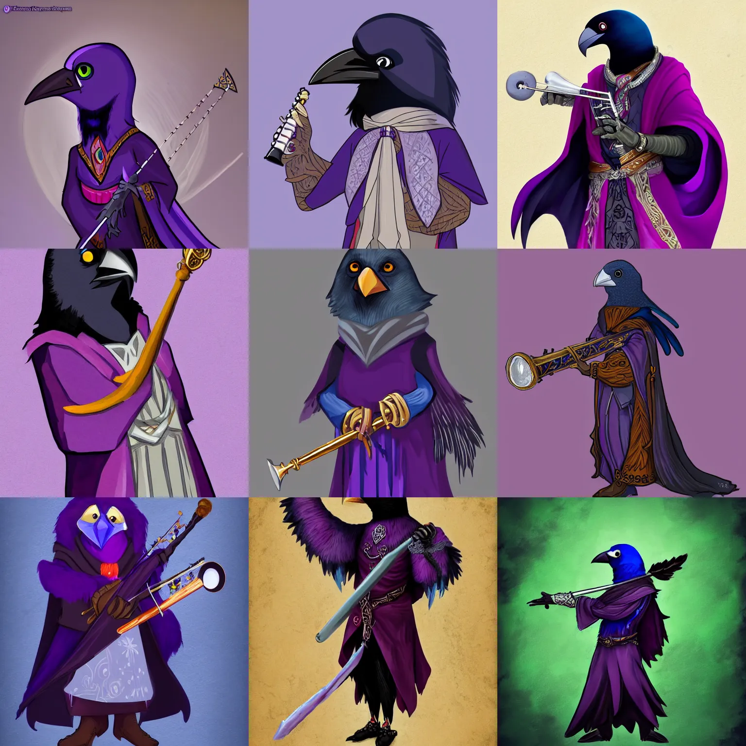 Prompt: Raven Kenku Birdperson bard with a flute, wearing a purple frock coat, d&d character commission, digital art, trending on artstation, character portrait