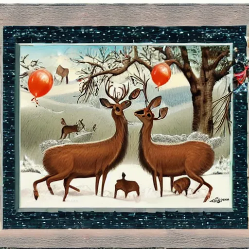 Image similar to three deers having a cool birthday party, photo, highly detailed