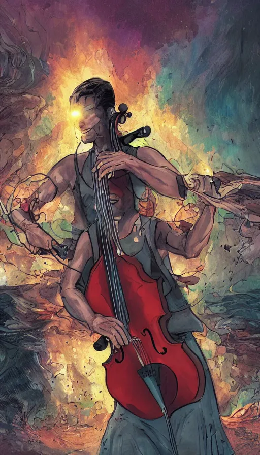 Image similar to a digital illustration of a cellist playing in an apocalyptic landscape, marvel comics, by Pascale Blanche