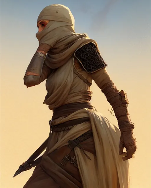 Prompt: female desert stalker, middle ages, lonely rider, covered head, full body | | realistic shaded, fine details, realistic shaded lighting poster by greg rutkowski, diego gisbert llorens, magali villeneuve, artgerm, jeremy lipkin and rob rey