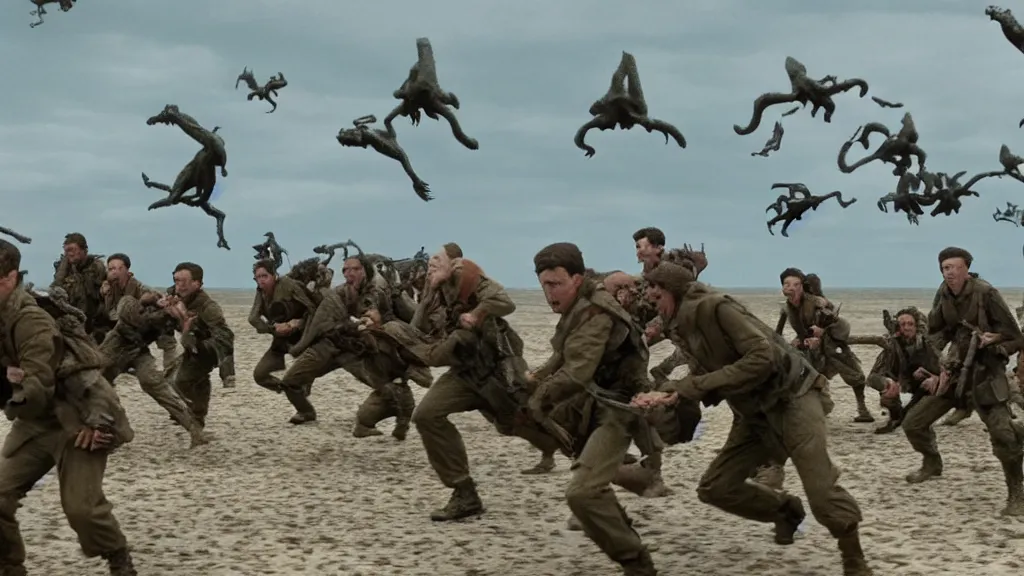 Prompt: A movie screenshot of Velociraptors storming the beach at Normandy in the style of Saving Private Ryan, directed by Henry Selick and Tim Burton.