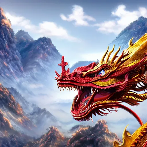 Image similar to a chinese dragon, majestic, mountains background, ultrafine hyperrealistic detailed illustration by kim jung gi, irakli nadar, intricate linework, sharp focus, bright colors, matte, gujian, final fantasy, unreal engine highly rendered, global illumination, radiant light, intricate environment