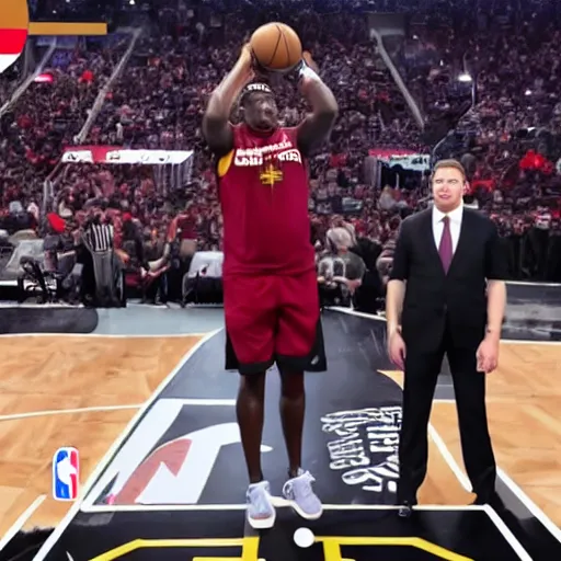 Image similar to elon musk slam dunks in the 2 0 1 9 nba slam dunking contest, full - body shot