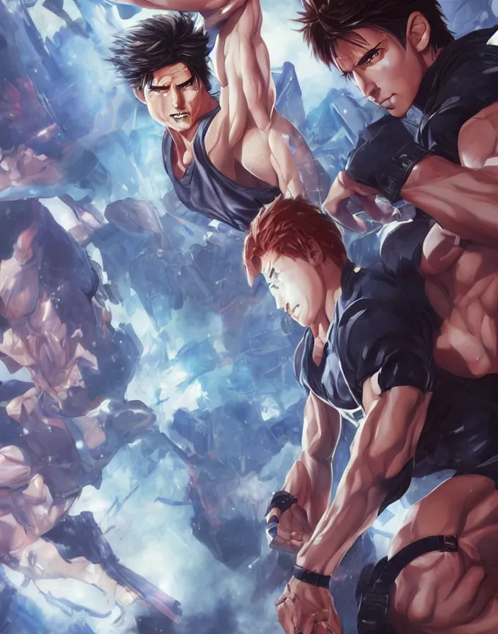 Image similar to anime portrait of tom cruise as a muscular anime boy fighting nicolas cage by Stanley Artgerm Lau, WLOP, Rossdraws, James Jean, Andrei Riabovitchev, Marc Simonetti, and Sakimichan, trending on artstation