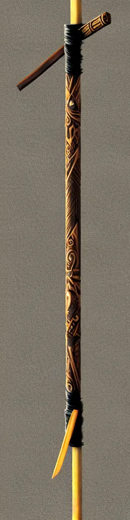 Image similar to picture of a single wooden long futuristic thin ninja staff with ornaments, carving, highlight, weapon, cyberpunk, sci - fi, fantasy, close shot, single long stick, bright background
