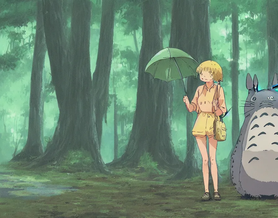 Prompt: A female Retzling with short blond air, standing with big Totoro at a japanese bus stop, holding an umbrella, in the dark forest, rainy night, film screenshot, Studio Ghibli, Hayao Miyazaki,trending on artstation,