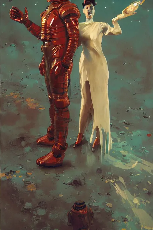 Image similar to pulp scifi fantasy illustration full body portrait of elegant woman wearing latex spacesuit standing beside martian warrior, by norman rockwell, jack kirby, bergey, craig mullins, ruan jia, jeremy mann, tom lovell, 5 0 s, astounding stories, fantasy