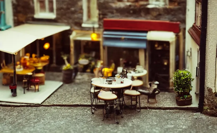 Prompt: miniature cafe diorama macro photography, cafe for mice, alleyway, ambient, atmospheric, british, bokeh, romantic