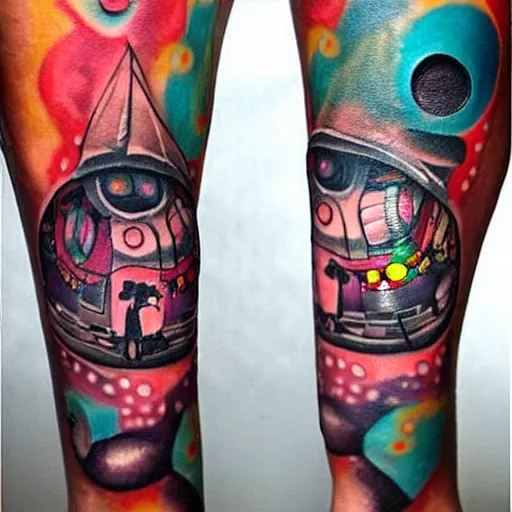 Image similar to leg tattoo of a 3 dimensional hole in the skin with multicolored tubes and robotic mechanics inside under the skin, insanely integrate,