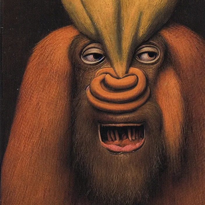 Image similar to close up portrait of a mutant monster creature with colourful mandrill - like nose, baldness, needles portruding through the cheeks, painted forehead, medusae beard. jan van eyck