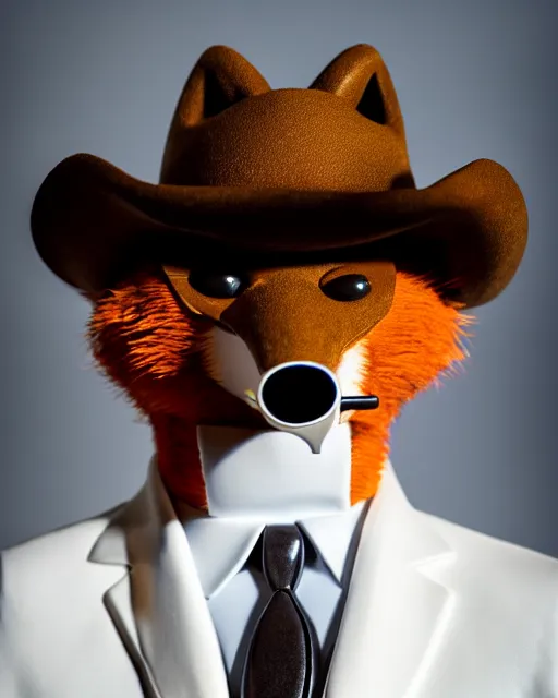 Prompt: close up anthropomorphic photo of a fox wearing a white tuxedo, white cowboy hat, and aviator sunglasses, holding a cigar, highly detailed photograph, smooth, global illumination, 8 5 mm f / 1. 4