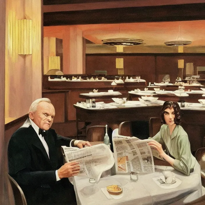 Image similar to Anthony Hopkins reading newspaper at the restaurant packed with women that look like Gal Gadot, art deco interior, skylight open ceiling, designed by Frank Lloyd Wright, highly detailed, painted by Edward Hopper, painted by James Gilleard