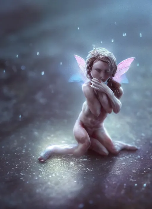 Image similar to a tiny fairy body lays lifeless in the palm of a hand, raindrops, dramatic lighting, cinematic, establishing shot, extremely high detail, foto realistic, cinematic lighting, post processed, concept art, artstation,