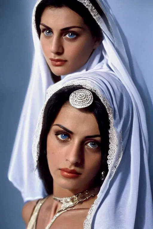 Prompt: young Monica Belluci as an Arab woman, tanned skintone, bright blue eyes, white veil, serious face, light blue decent dress, closeup