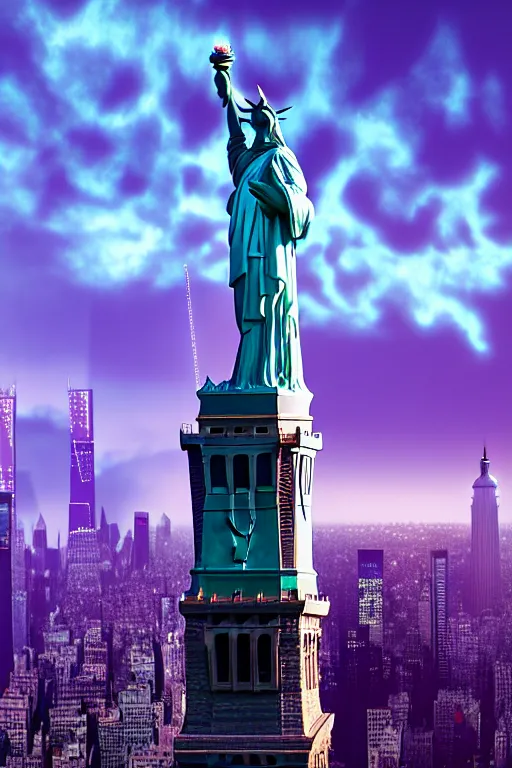 Prompt: of a futuristic photo - realistic new york city with mirrored windows in a crystalline cave : 4, the statue of liberty : 2, highly symmetrical, balanced, purple lightning clouds : 3, octane render, clouds : 2, violet sun : 4, in the style of sahm : 3, hd, ultra - realistic, in unreal engine