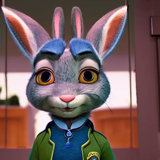 Image similar to Judy Hopps, the rabbit police officer from Zootopia, interrogating Hannibal Lecter from Silence of the Lambs, mashup, 4k movie still