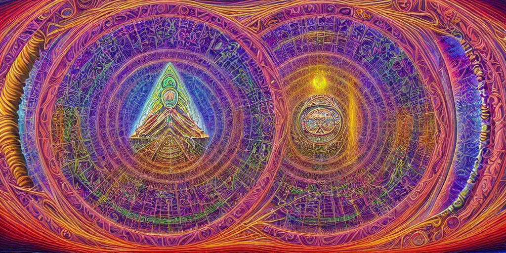 Prompt: dmt temple, sacred geometric buildings, time elves, 8 k resolution, ultra fine illustration, art by alex grey and tokio aoyama, highly detailed,