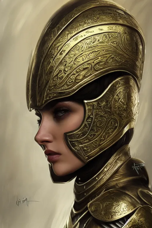 Image similar to a portrait of an attractive young female, ornate metallic helmet, clothed in battle armor, olive skin, long dark hair, beautiful bone structure, symmetrical facial features, intricate, elegant, highly detailed, digital painting, trending on Artstation, concept art, smooth, sharp focus, illustration, in the style of greg rutkowski