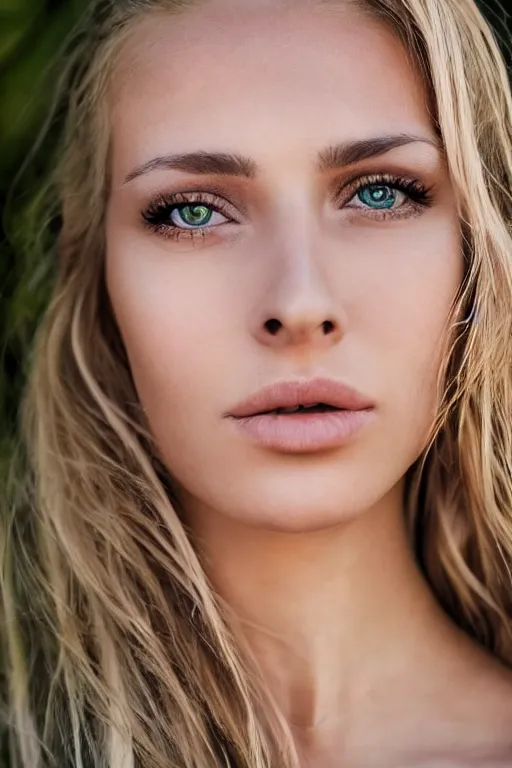 Image similar to olive skinned blonde female model in her twenties with green eyes, wearing a designer top, looking content, focused on her neck, photo realistic, extreme detail skin, natural beauty, no filter, slr, golden hour, 4 k, high definition, selfie