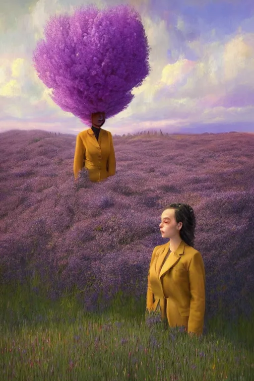 Prompt: portrait, giant lilac flower under head, black woman in suit in heather field, surreal photography, golden hour, colorful clouds, impressionist painting, digital painting, artstation, simon stalenhag